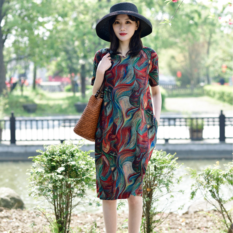 妈妈夏天2020新款中老年棉绸连衣裙 绒锦晟中老年女装