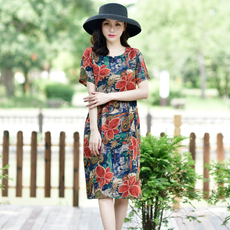 妈妈夏天2020新款中老年棉绸连衣裙 绒锦晟中老年女装