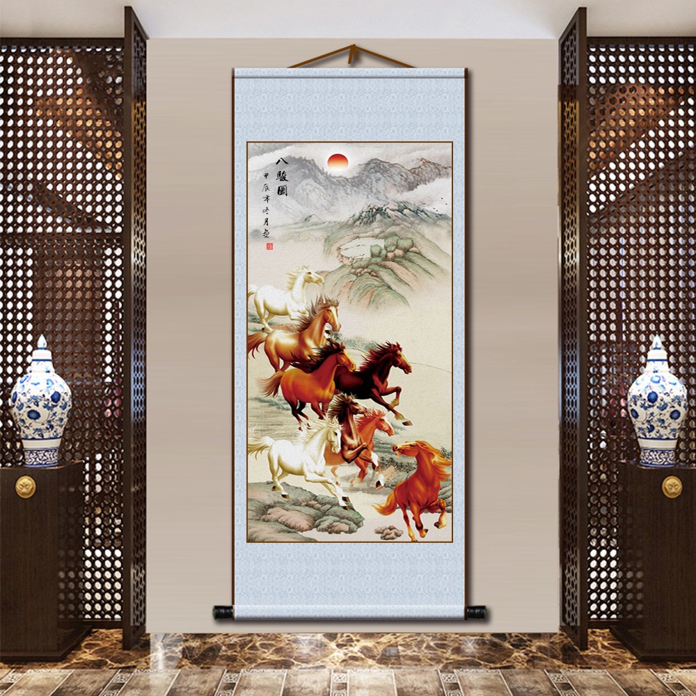 八骏全图八马图丝绢布印刷防水挂画书房客厅玄关装饰画年画,淘宝优惠券,粉丝福利购,淘宝优惠卷