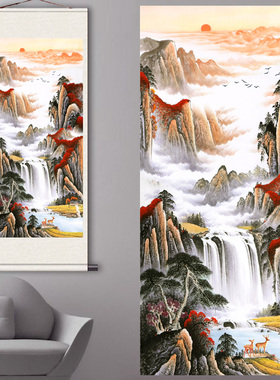 竖版招财山水画风景壁画丝绸挂画卷轴画定制聚宝盆国画风水画玄关
