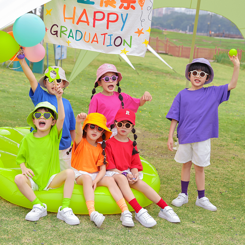 六一儿童演出服装幼儿园毕业照舞蹈糖果色T恤小学生啦啦队表演服