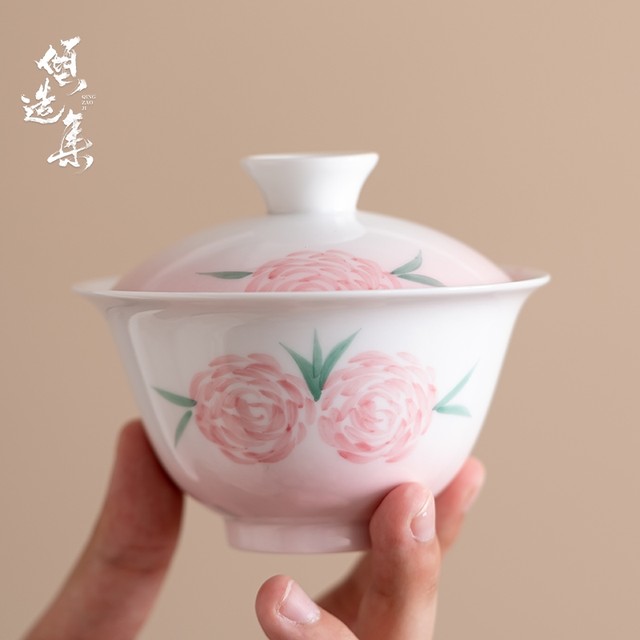Hand-painted roses portable tea set brocade portable storage bag outdoor camping holiday gift