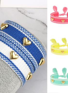 维安手工编织流苏情侣手链金色心形手环可调节闺蜜礼物创意小饰品