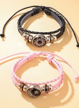 欧美热销日月恋人时光皮革手链复古朋克多层串珠编织手链情侣礼物