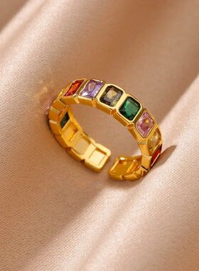 跨境热款彩色锆石戒指几何金色女式个性简约感指环不掉色现货批发