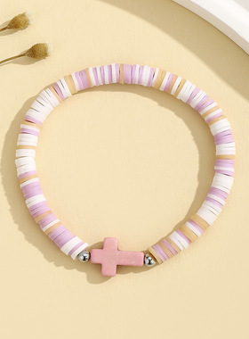 欧美波西米亚风彩色软陶松石十字架手链套装海滩风弹力绳手串