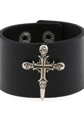 欧美非主流骷髅头十字架宽手镯朋克个性哥特pu皮革尖钉手链手环女