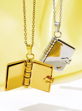 欧美相册不锈钢情侣情书书本项链爱心开合书本吊坠镀18k金锁骨链