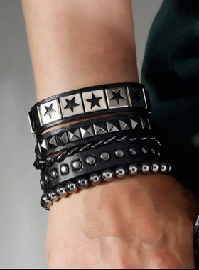 朋克复古铆钉皮质多层叠戴手镯