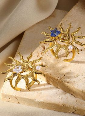 欧美新款不锈钢18k镀金珍珠锆石戒指女镂空太阳几何开口海星戒指