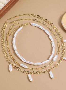 跨境饰品叠戴珍珠项链女夸张欧美轻奢高级感巴洛克珍珠母亲节项链