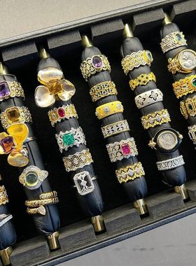 真金电镀菱形花朵纹路开口戒指欧美复古气质食指戒时尚百搭手饰女