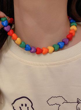 可爱糖果彩虹亚克力爱心锁骨链欧美ins气质网红甜美时尚几何项链