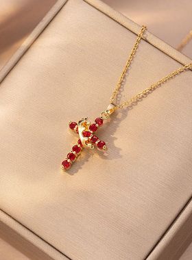 项链女新款跨境十字架金色满钻时尚小众设计感简约气质欧美风项链