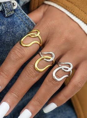 跨境欧美镂空线条时尚个性小众开口不锈钢戒指厂家直销外贸批发