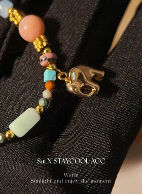 度假风大象吊坠彩色多巴胺女士项链串珠锁骨链波西米亚高级感