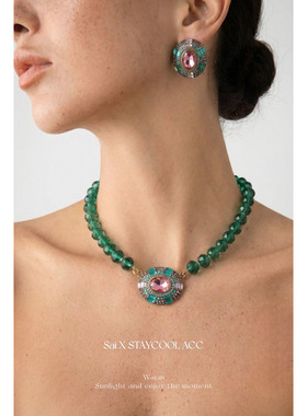 绿色复古水晶锆石项链女士中古西洋宫廷风璀璨奢华锁骨链椭圆51cm