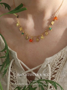 彩色多巴胺色手工串珠多吊坠项链女士锁骨链满天星复古毛衣链