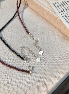 ins风网红黑尖晶石榴石橄榄石纯银项链女士锁骨链时尚39+5CM