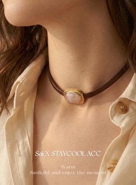 中古风vintage椭圆形坠棕色皮绳项圈女士锁骨链复古做旧天然石