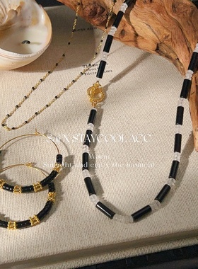 柱形黑玛瑙串珠白玉石女士锁骨链项链高级感简约百搭短款叠戴