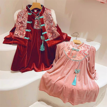 SWEETIE girls beige dress with Chinese style ancient wind Xiang Yunliang sequin embroidery velvet velvet dress plus suede horse suit