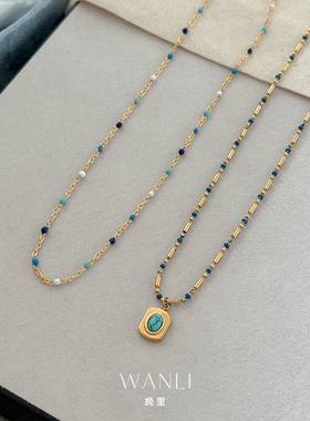 蓝色滴釉间隔圆珠锁骨链项链精致