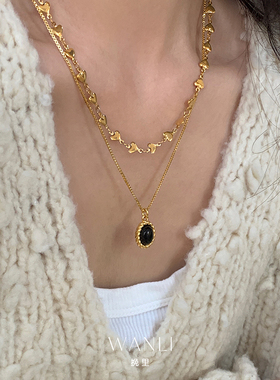 双层爱心黑色吊坠项链女摩登气质