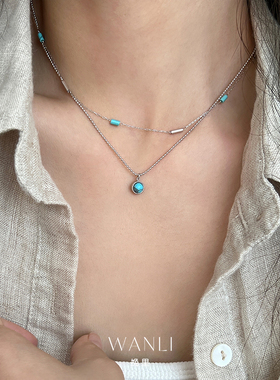 挽里薄荷蓝管道珠蓝纹石钛钢项链