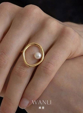 镂空线条圆圈珍珠戒简约百搭气质
