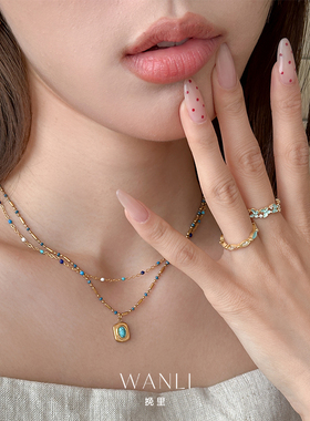 蓝色滴釉菱形蝴蝶戒指手饰叠戴女