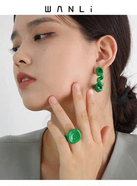 挽里饰品|滴釉绿色珐琅圆形戒指不规则夸张ins潮欧美高级感指环