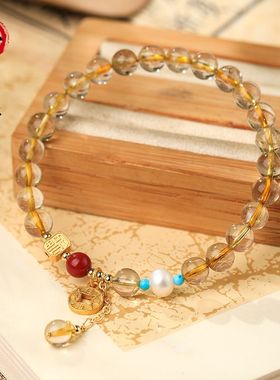 日进斗金金发晶手链天然黄色水晶招财转运珠古风铜钱流苏女神手串