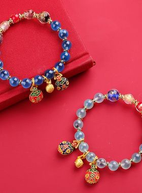 天然糖心玛瑙金箔琉璃手串吞金兽平安喜乐福字小挂坠半糖手链