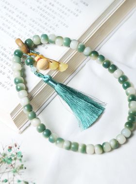 天然海南白玉菩提根子半山半水绿色飘花DIY男女士手持链念佛珠串