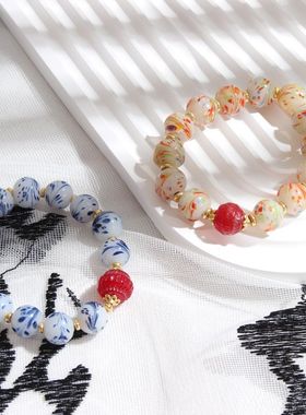 新品琉璃手串清代手绘点彩凤尾老琉璃珠子古法工艺原创古风青蛙皮