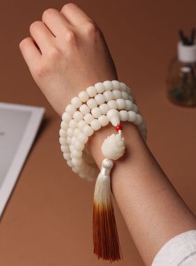 陈化老料飘花白玉菩提根108颗手链老型桶散珠一线天念珠手持佛珠