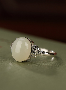 九世银S925纯银天然和田玉小蛋面简约钱币光面款戒指个性百搭指环