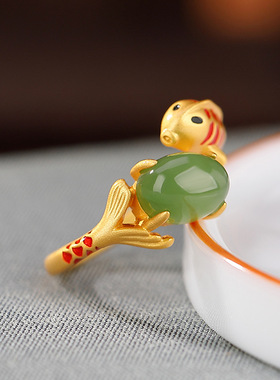 九世银S925纯银镀金和田玉碧玉景泰蓝国潮好运锦鲤戒指鲤鱼女指环