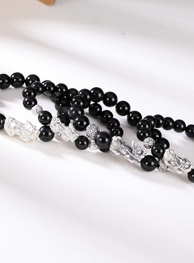 九世银S999足银黑曜石貔貅手链素银做旧百搭个性手串男女情侣款