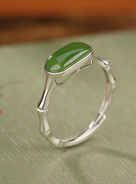 九世银S925纯银镀金和田玉碧玉竹节椭圆戒指复古古风气质简约指环