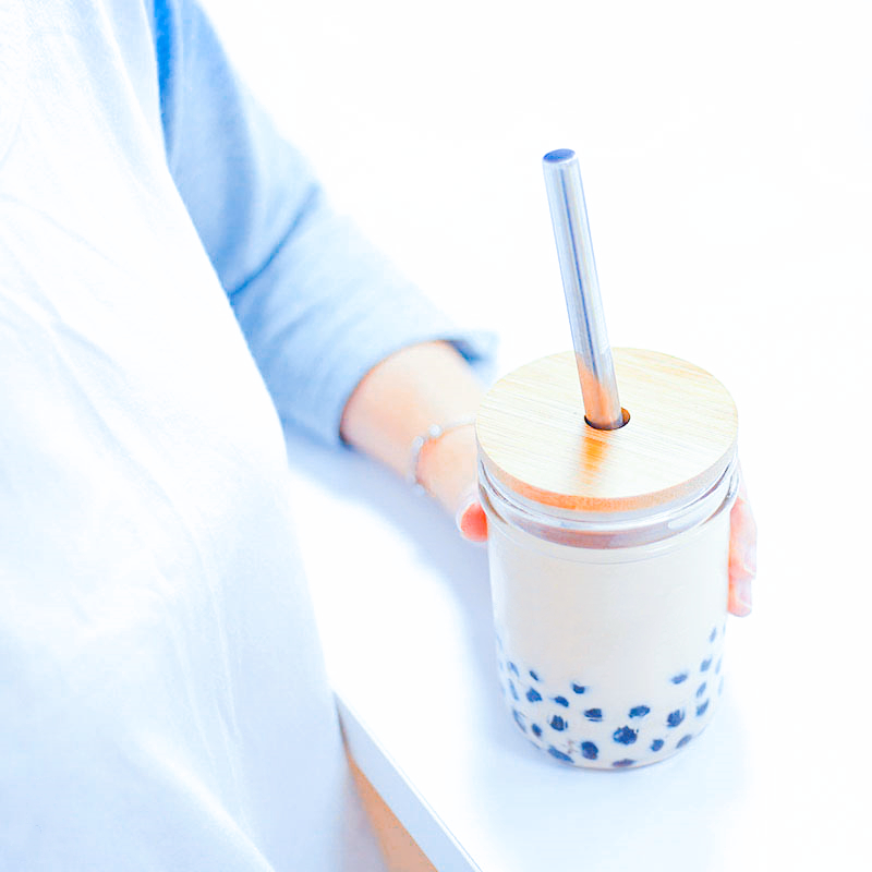 Kelly竹木盖梅森杯珍珠奶茶杯耐热家用玻璃吸管杯美式冷萃咖啡杯 - 图0