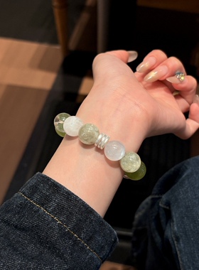 正品原创天然水晶手串银月光白水晶岫玉绿祖母晶绿月光金木礼物女