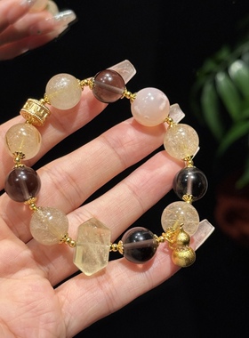 天然金发晶冰曜石樱花玛瑙黄水晶手链女原创多宝圆珠轻奢转运手串