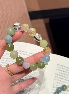 正品原创天然岫玉黄胶花海蓝宝春夏喜木手串百搭招财手链生日礼物