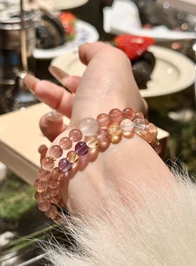 天然水晶手链草莓晶碧玺金发晶紫晶月光多圈混搭招财爱情转运手串