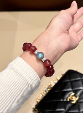 【车厘子】天然鸽血红草莓晶转运水晶手串灰月光富家千金感手链女