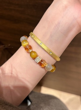 天然水晶转运珠手串女招米黄塔晶茶水晶复古手饰虎眼石月光石手链