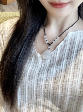 天然玉髓大肚佛吊坠项链平安编织黑绳弥勒佛简约锁骨链送闺蜜礼物