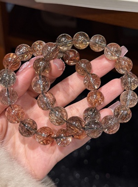 天然黑金超七手串男女士清透顺发骨干发丝金闪黑超七水晶钛晶手链
